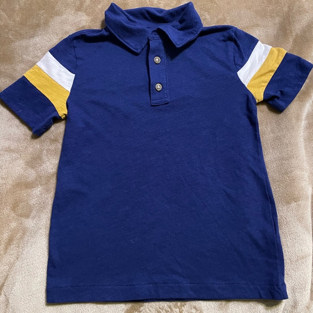 Boys Blue Polo Shirt with Yellow and White Stripes